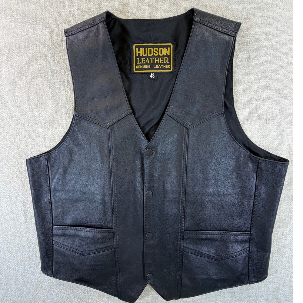 Hudson Leather Men's 48 Black Snap Front Motorcycle Biker Leather Vest Casual